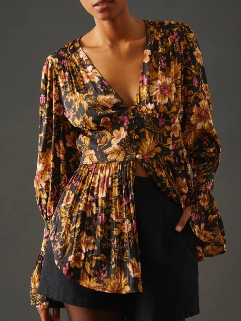 Anthropologie Black Floral Blouse sz L